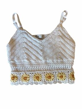 Hollister Cream Crochet Cropped Tank with Yellow Sunflower Trim